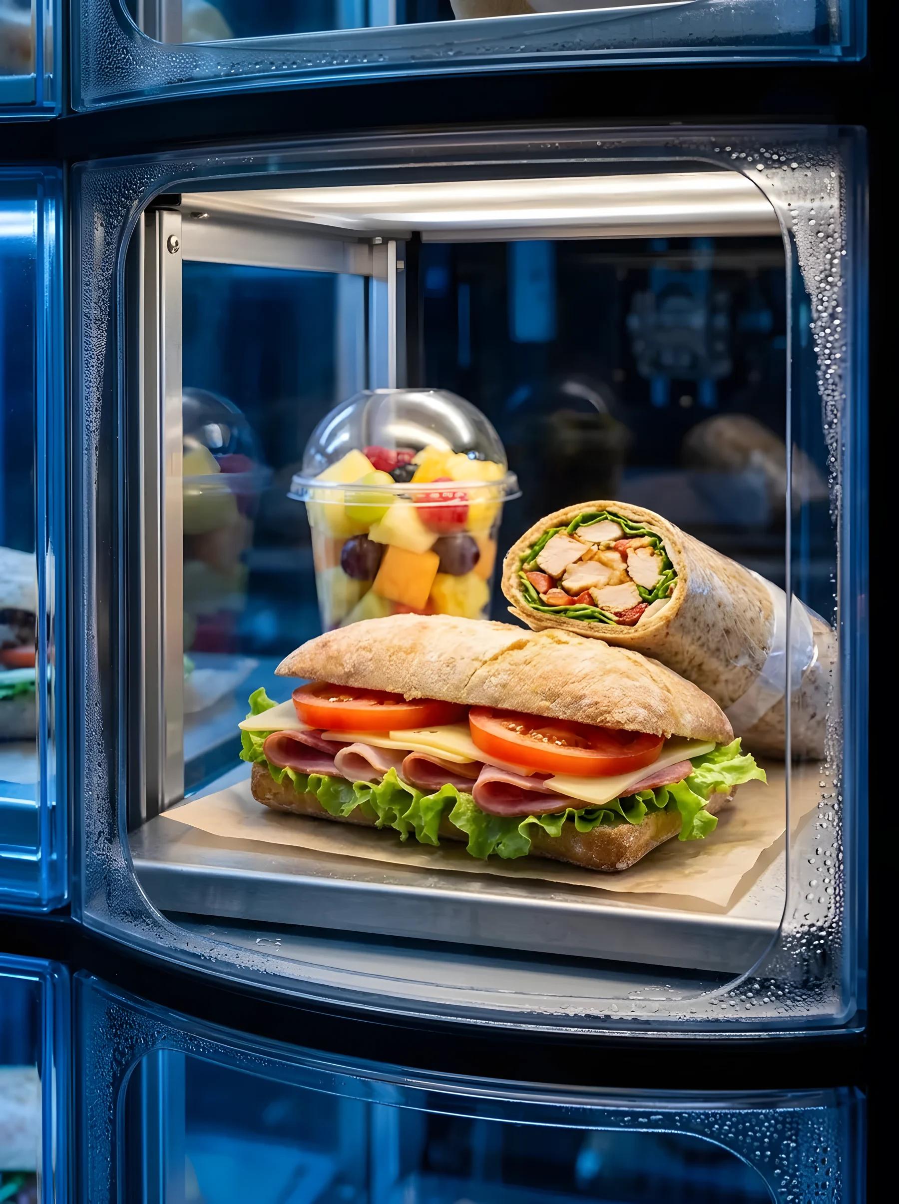 Belegtes Ciabatta, Wrap und Obstbecher im gekühlten Automatenfach